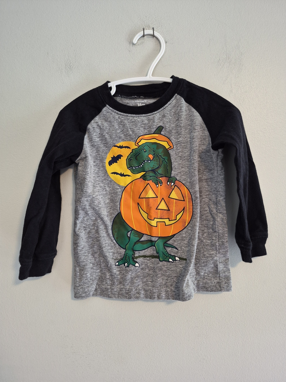 Carters 18m Grey & Black Halloween Dino Pumpkin Graphic Long Sleeve Shirt